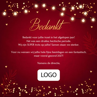 Zakelijke kerstkaart rood Fijne Feestdagen goudlook lampjes 3