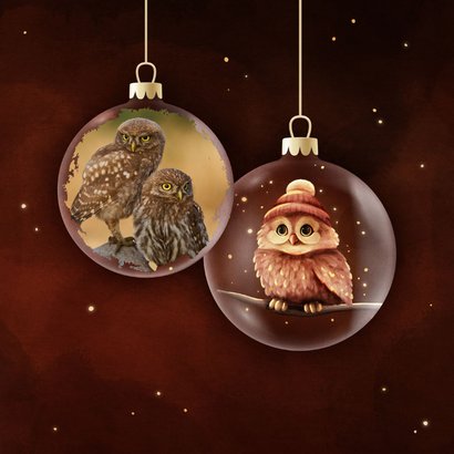 Zakelijke kerstkaart vogel kerstballen met foto en uil 2