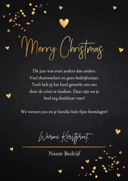 Zakelijke kerstkaart zwart foto goudlook confetti 3