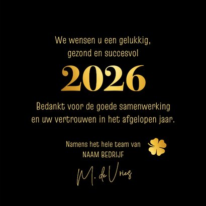 Zakelijke nieuwjaarskaart champagneglazen & klavertjes goud 3