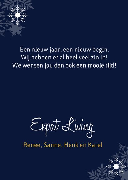 Zakelijke nieuwjaarskaart donkerblauw sneeuwvlokken goud 3