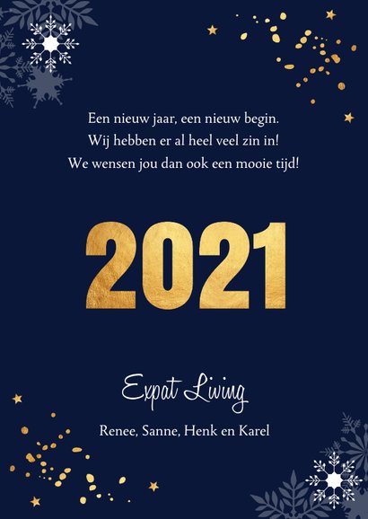 Zakelijke nieuwjaarskaart donkerblauw sneeuwvlokken goud 3