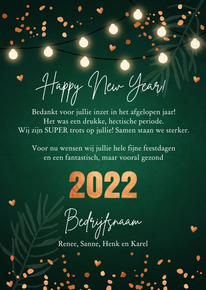 Zakelijke nieuwjaarskaart groen lampjes 2022 koperlook 3