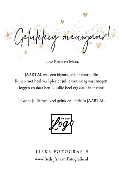 Zakelijke nieuwjaarskaart met foto's en goudlook hartjes 3