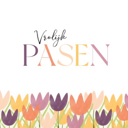 Zakelijke paaskaart vrolijk pasen met tulpen roze paars geel 2