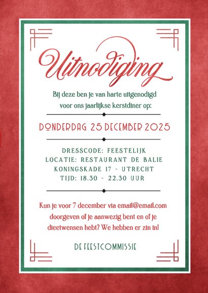 Zakelijke uitnodiging met rode strik kerstdiner medewerkers 3