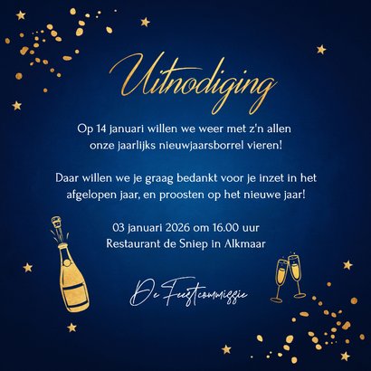 Zakelijke uitnodiging Nieuwjaarsborrel blauw goudlook 2026 3