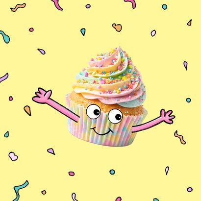 Zoete verjaardagskaart met cupcake en confetti 2