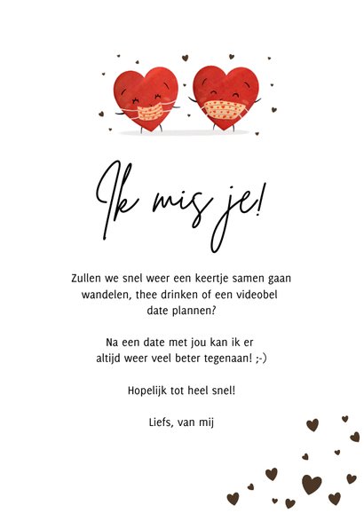 Zomaar ik mis je Coronakaart hartjes met mondkapje 3