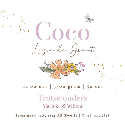 Zomers geboortekaartje bloemen foto goud lieveheersbeestje Achterkant