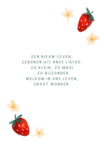 Zomers geboortekaartje met aardbeien en bloemen 2