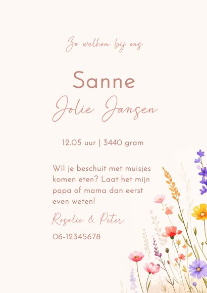 Zomers geboortekaartje met gemengde bloemen aquarel 3