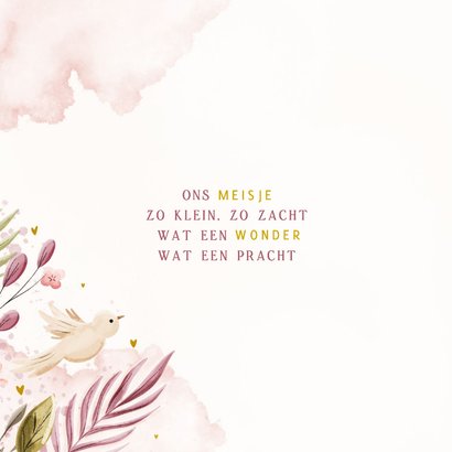 Zomers geboortekaartje met takjes, bloemen en duiven 2