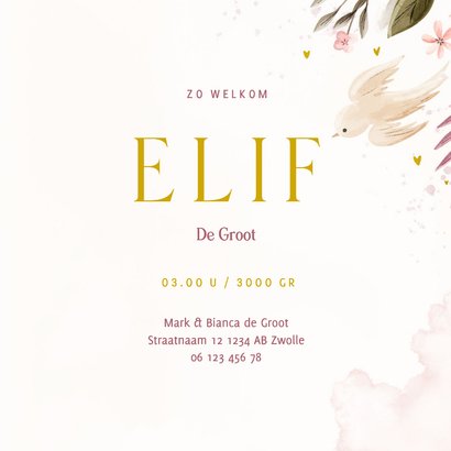 Zomers geboortekaartje met takjes, bloemen en duiven 3