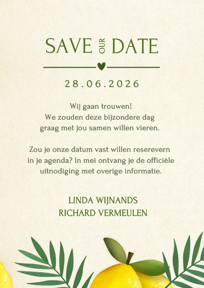 Zomerse Mediteraanse Save the Date kaart met citroenen 3