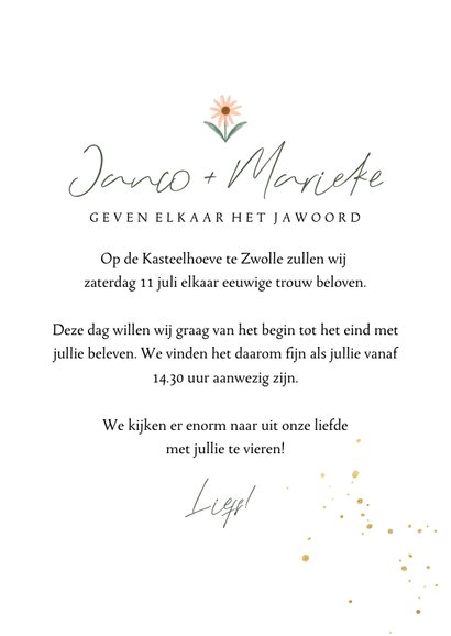 Zomerse trouwkaart botanisch bladeren gouden details 3