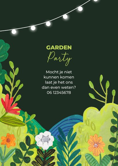 Zomerse uitnodiging tuinfeest met bloemen en lampionnetjes 2