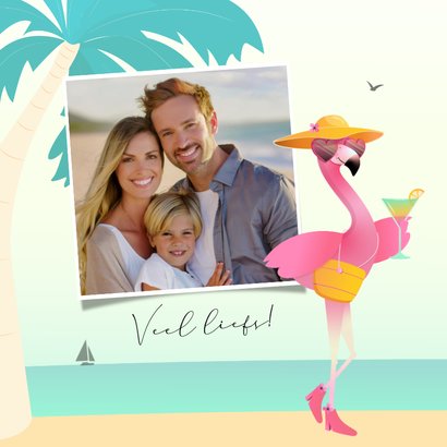 Zonnige vakantiekaart met foto's strand flamingo en palmboom 2