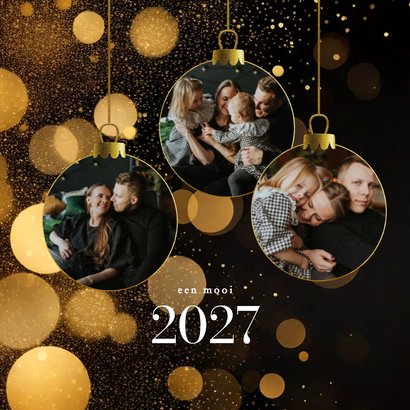 Zwart kerstkaartje met foto in kerstbal vorm en glitters 2