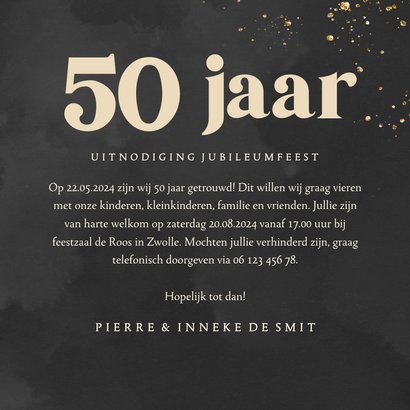 Zwarte jubileumkaart met gouden spetters en foto's 50 jaar 3