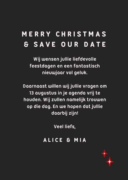 Zwarte kerst save the date kaart met rode en roze bloemen 3