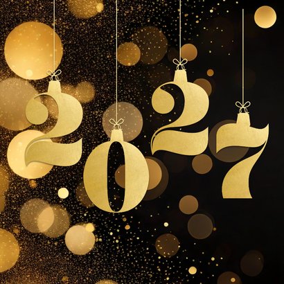 Zwarte kerstkaart met gouden 2027 met glitter 2
