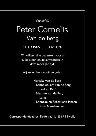 Zwarte rouwkaart met wit kader en grote foto bedankt 3