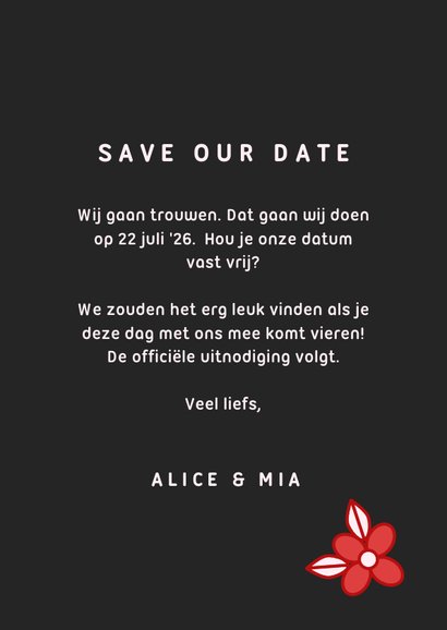 Zwarte save the date kaart met rode en roze bloemen 3