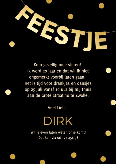 Zwarte uitnodiging feestje met foto en gouden confetti 3