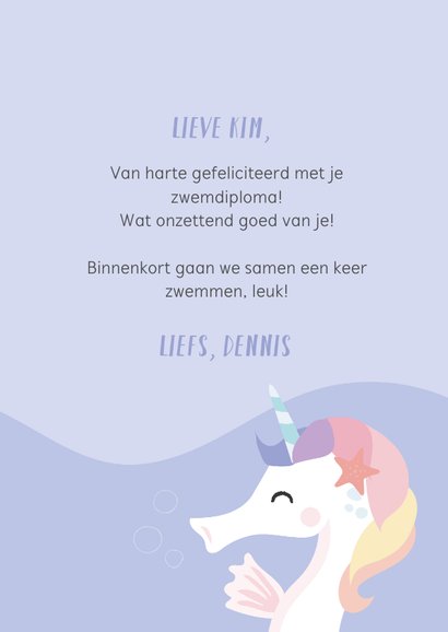 Zwemdiploma felicitatie kaart met een unicorn zeepaardje 3