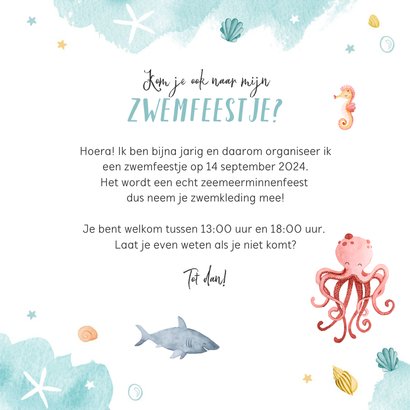 Zwemfeest uitnodiging kinderfeestje zeemeermin zeedieren 3