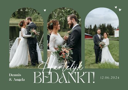 Bedankkaart trouwen bogen grafisch olijfgroen foto's hartjes