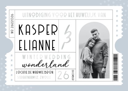 Uitnodiging trouwkaart winter wedding ticket blauw