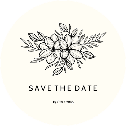 Ronde save the date zwarte lijntekening van bloemen