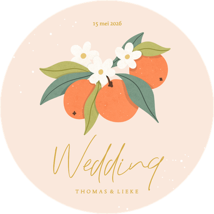 Trendy ronde trouwkaart oranje met sinaasappels