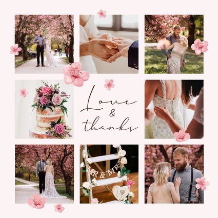 Bedankkaart lente bruiloft fotocollage roze bloesem