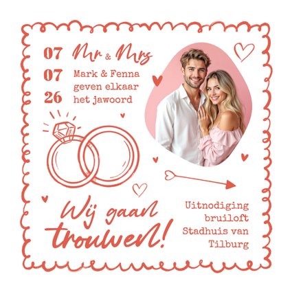 Hippe trouwkaart uitnodiging trouwringen doodle tijdlijn 