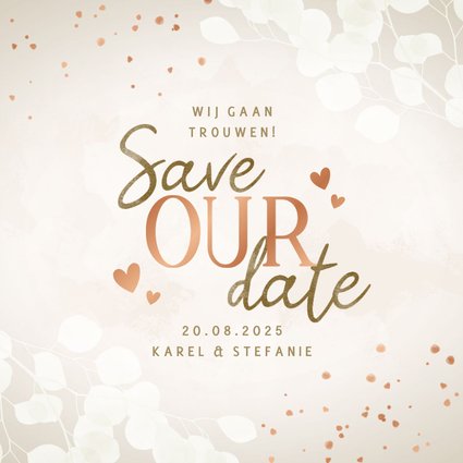 Moderne save the date eucalyptus, koper spetters en hartjes