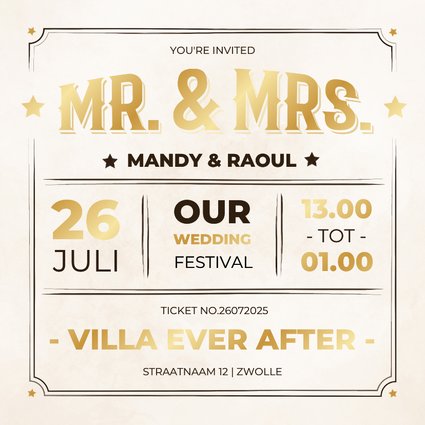 Moderne trouwkaart uitnodiging ticket vintage stijl met goud