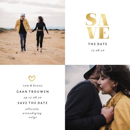 Save the date kaart gouden accenten met foto's vierkant