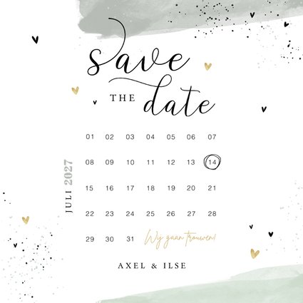 Save the date kaart mint verf hartjes kalender