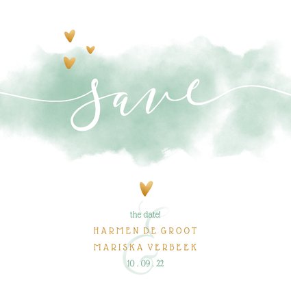 Save the date kaart 'YES' met waterverf en gouden hartjes