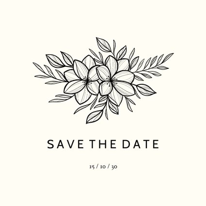 Save the date zwarte lijntekening van bloemen aanpasbaar