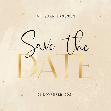 Stijlvolle save the date beige steenlook hartjes stipjes