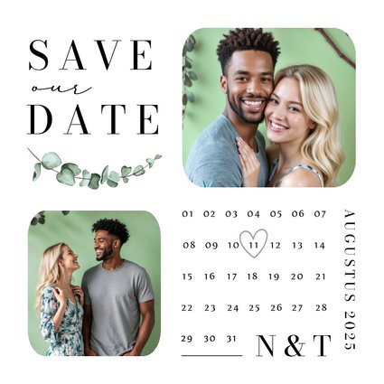 Stijlvolle save the date kaart eucalyptus kalender foto's