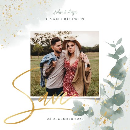 Stijlvolle save the date kaart planten & goud in waterverf