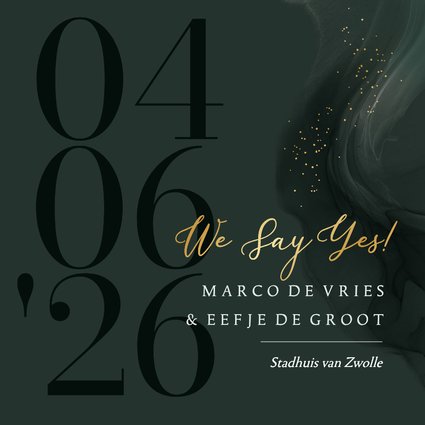 Stijlvolle trouwkaart soft watercolor groen spetters goud