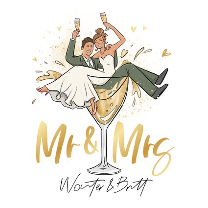 Trouwkaart grappig cartoon mr mrs bruidspaar champagne