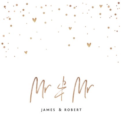 Trouwkaart Mr & Mr met goudlook tekst, confetti en hartjes