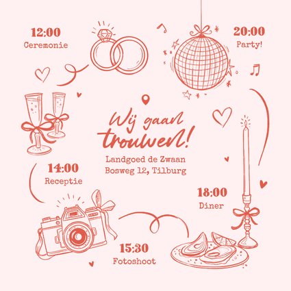 Trouwkaart roze doodle tijdlijn romantisch illustraties